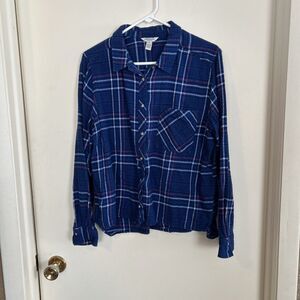 Arizona Jeans Co Button Up Shirt Women’s XL Blue Plaid Flannel Long Sleeves